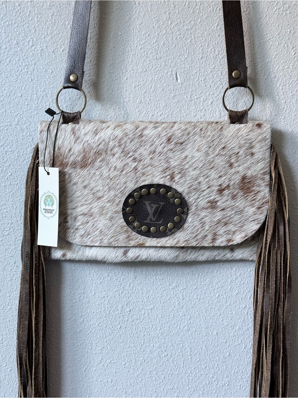 Fringe Crossbody Bag Upcycled Louis Vuitton Detail on Cowhide Bag